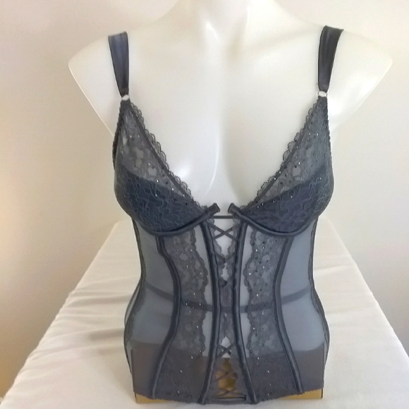 Victoria's Secret Lacy Gray Push Up Rhinestone Corset Bustier 34C Removable Pads - Picture 1 of 10